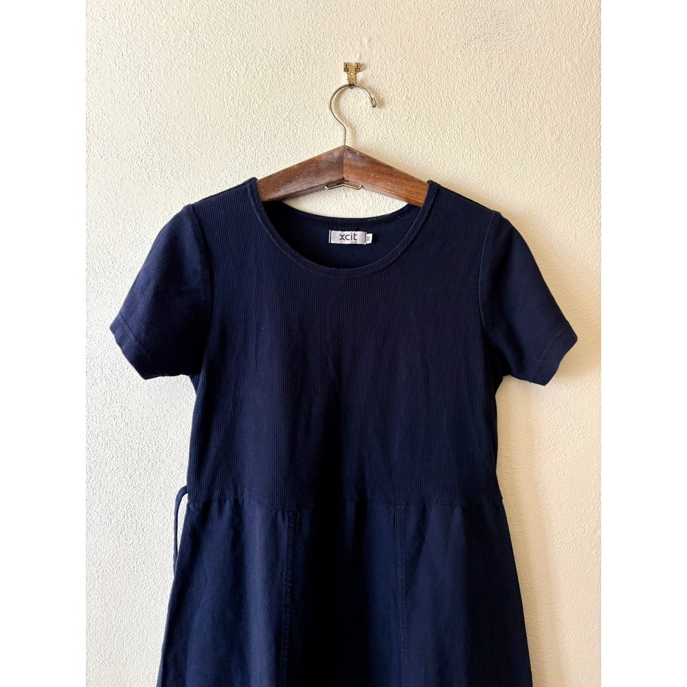 Vintage Xcit Tie Back Midi Dress Navy Blue Ribbed Bodice M Neutral Cottage Y2K - Picture 9 of 9
